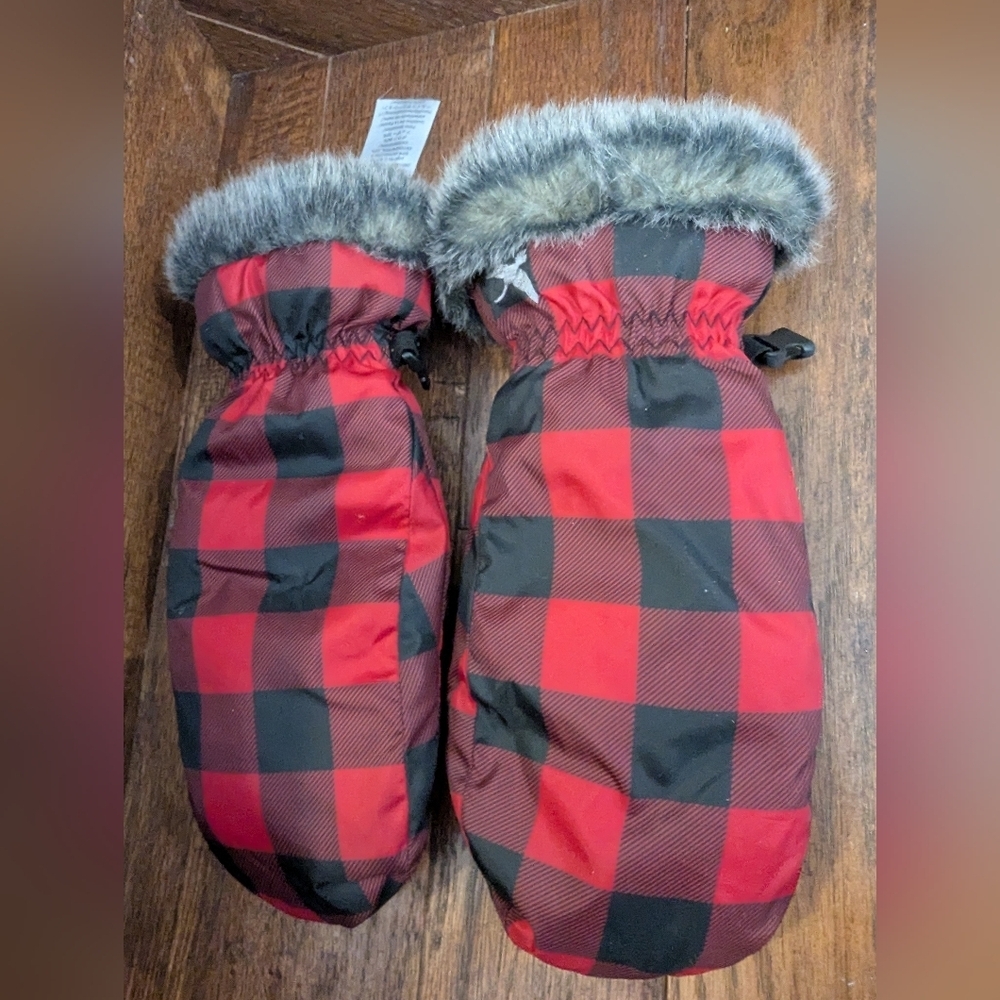 Eddie Bauer Lodgeside Down Mittens red black buffalo plaid new without tags Sz S